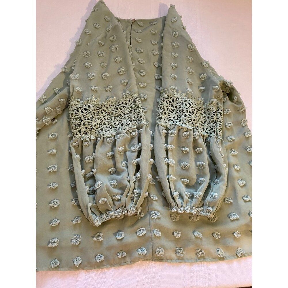 Cato Top Women 14/16W Green Textured Polka Dot Blouse Crochet Sleeves Lined Boho - Picture 11 of 16